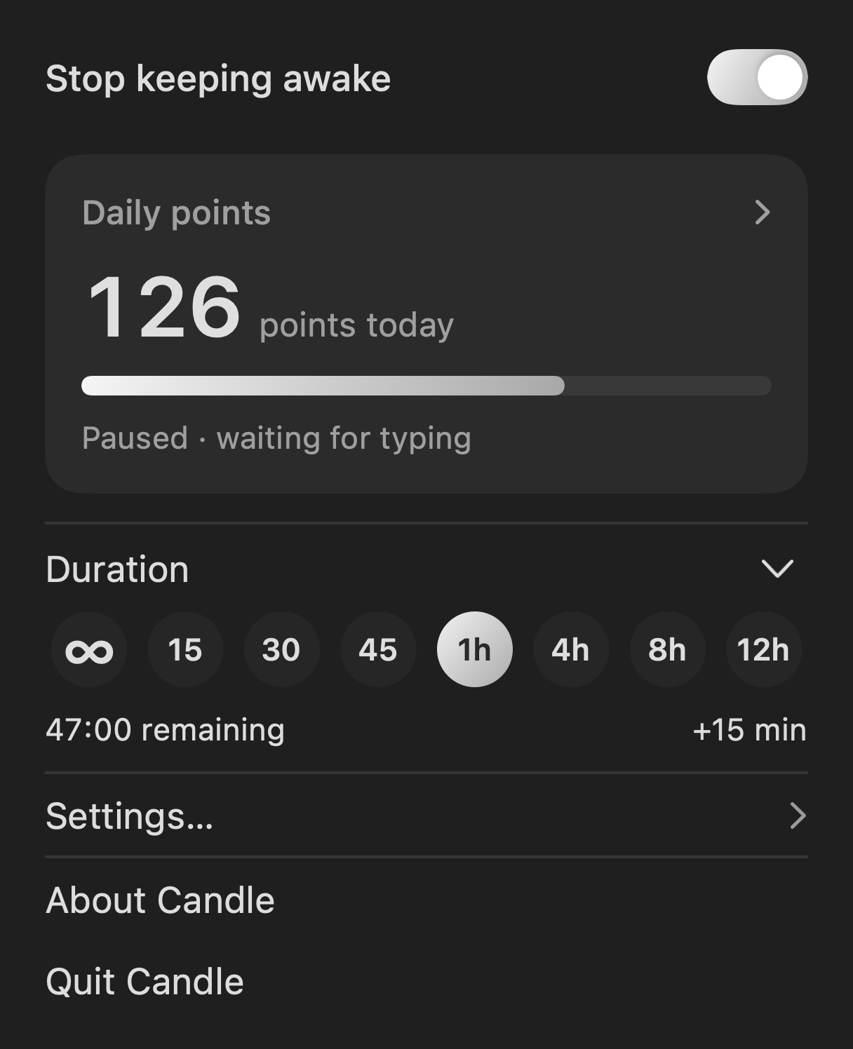 Candle’s menu bar dropdown showing the awake switch, daily points, and duration controls